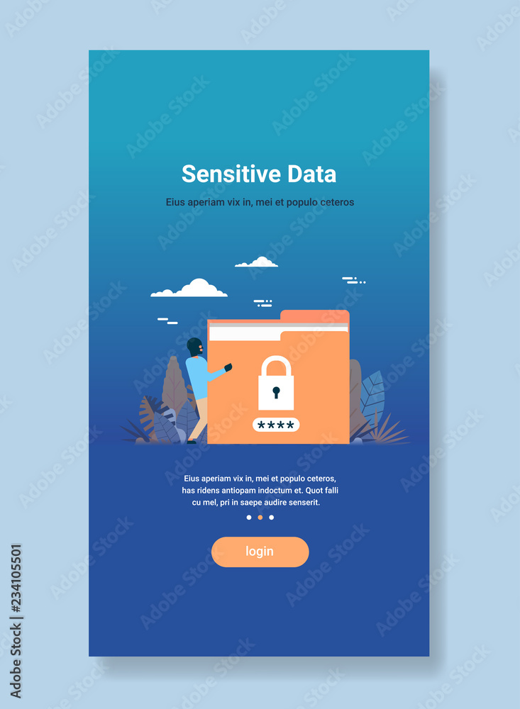 Poster hacker padlock password folder sensitive data concept hacking attempt privacy information database f
