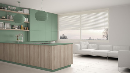 Modern green and wooden kitchen with shelves and cabinets, sofa and panoramic window. Contemporary living room, minimalist architecture interior design