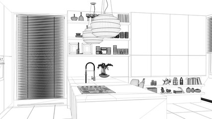 Interior design project, black and white ink sketch, architecture blueprint showing modern kitchen with shelves and cabinets, island with gas stove and sink. Contemporary living room