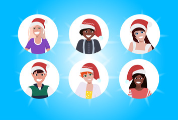 set mix race woman face avatar red hat happy new year merry christmas concept flat female male cartoon character portrait collection blue background horizontal vector illustration
