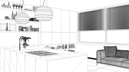 Interior design project, black and white ink sketch, architecture blueprint showing modern kitchen with shelves and cabinets, sofa and panoramic window. Contemporary living room