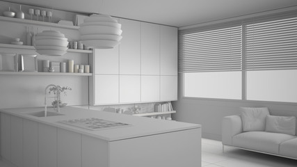 Total white project of modern kitchen with shelves and cabinets, sofa and panoramic window. Contemporary living room, minimalist architecture interior design