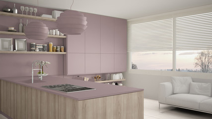 Modern violet and wooden kitchen with shelves and cabinets, sofa and panoramic window. Contemporary living room, minimalist architecture interior design