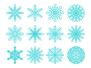 Blue snowflakes collection isolated on white background. Flat snow icons set. Element for christmas calendar, invitation, greeting card, postcard, poster, banner, flyer. Vector illustration EPS 10.