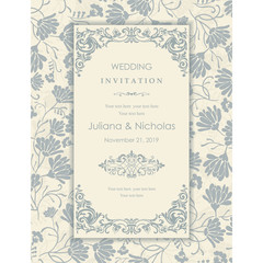 Wedding invitation cards. Vintage  Pattern. Retro Victorian ornament. Frame with flowers elements. Blue tulips, chamomile, leaves. Summer ornament.Vector illustration.
