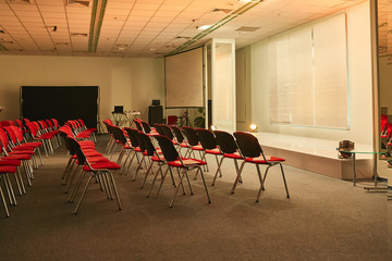 lecture, theatre interior of a Congress Palace, conference hall with Blank Mock up white board