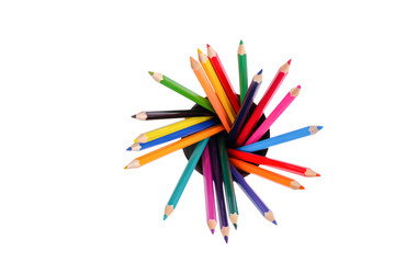 Colored pencils arranged in a circle isolated on white background