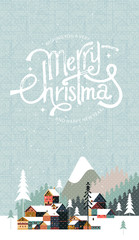 New year and Christmas snowy winter landscape with coniferous forest, pines, mountains, cottages and hand drawn Merry Christmas typography . Celebration quotation for poster, card, postcard, event