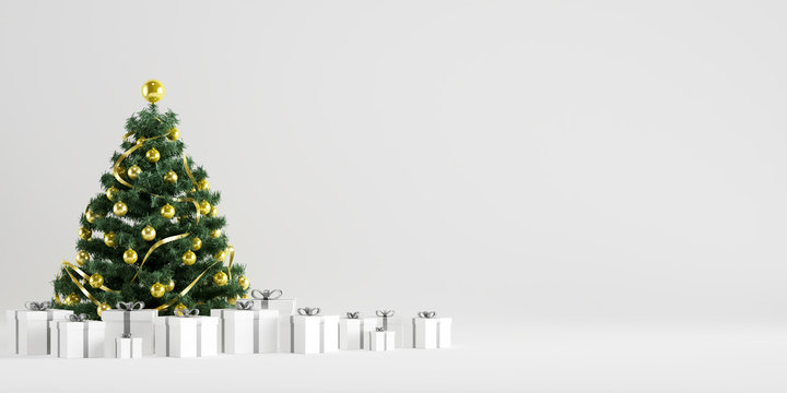 Christmas Tree Winter Decoration with Gift Boxes in White Background