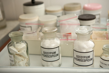 Ingredients for drugs in bottles. Old pharmacy.