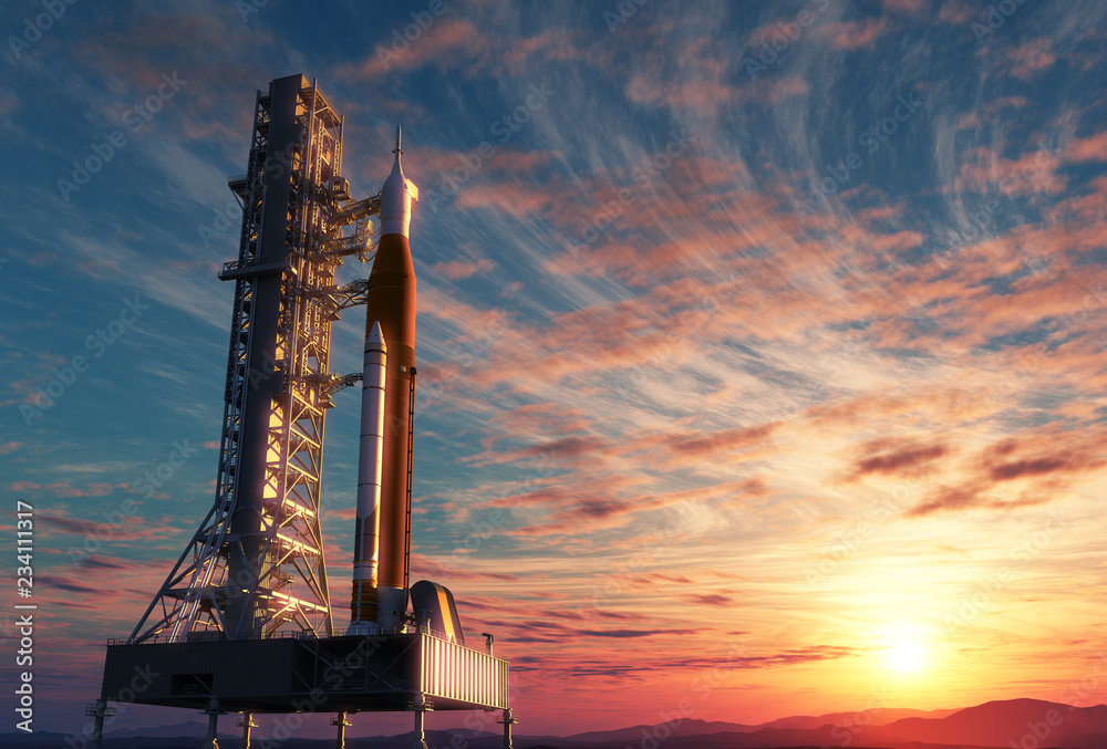 Sticker space launch system on launchpad over background of sunrise