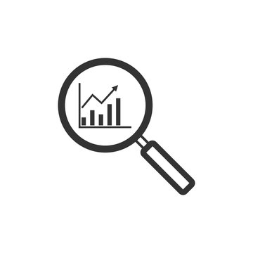 Magnifying glass, graph, chart icon. Vector illustration, flat design.