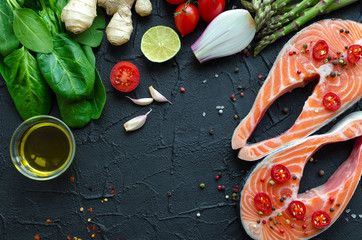 Two salmon steaks with vegetables and spices