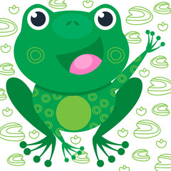 Green funny frog on the white background with lily. Smile of animal. Vector illustration, cartoon baby style.