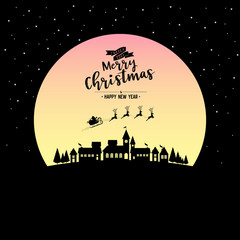 Santa sleigh flying into the winter village christmas night with phase text merry christmas