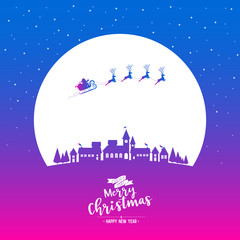 Fototapeta na wymiar Santa sleigh flying into the winter village christmas night with phase text merry christmas