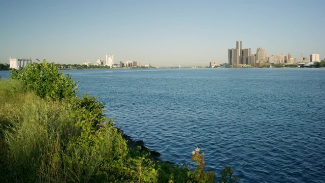 Medium Panning Shot Detroit River and Skyline