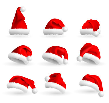Collection of Red Santa Claus Hats isolated on white background. Set. Vector Realistic Illustration.
