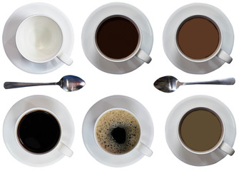 cups ,filled coffee or tea ,spoon,plates,black ,latte,bubbles,malt ,top view on iaolated white background