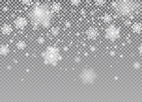Snow falling background. Vector magic Christmas eve snowfall. White glitter snowflakes falling down on transparent background.