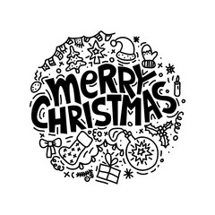 Merry christmas poster with hand lettering and doodle illustration of new year tree, snowflakes, presents, stars, decoration balls, angel, gingerbread, Santa hat. Hand drawn black line art, cartoon