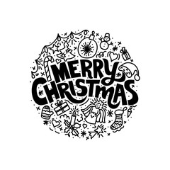 Merry christmas poster with hand lettering and doodle illustration of new year tree, snowflakes, presents, stars, decoration balls, angel, gingerbread, Santa hat. Hand drawn black line art, cartoon