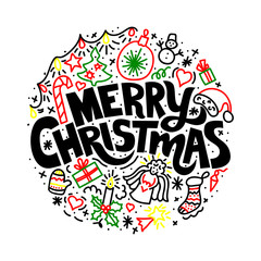 Fototapeta premium Merry christmas poster with hand lettering and doodle illustration of new year tree, snowflakes, presents, stars, decoration balls, angel, gingerbread, Santa hat. Hand drawn black line art, cartoon