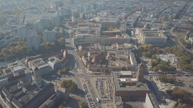 Aerial shot of Berlin involving famous Berliner Dom cathedral, Germany