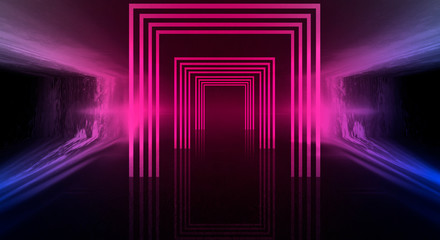 Background of empty dark room, street. Concrete floor, asphalt, neon light, smoke, spotlight