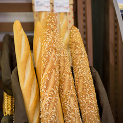 French style bread is placed on the shelves of the supermarket