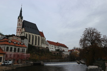 Autumn view of river Vltava and Cesky Krumlov old town
