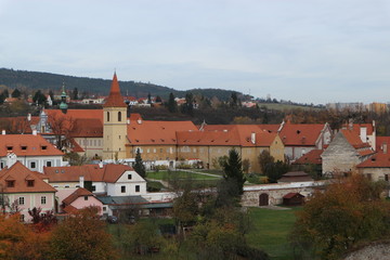 Fototapeta premium Panoramic view of red roof in city of cesky krumlov, czech republic