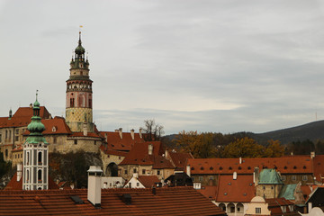 View of red roofs and castle tower in city of Cesky Krumlov, czech republic