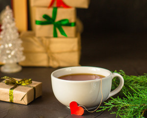 tea and festive atmosphere (heart and love). Copy space. Top view