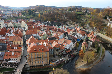Fototapeta na wymiar Panoramic view of Cesky Krumlov old town and river Vltava from castle tower