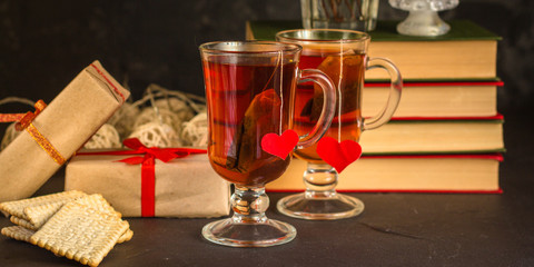 tea and festive atmosphere (heart and love). Copy space. Top view