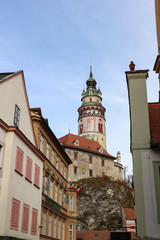 Cesky Krumlov castle tower view from the street of old town