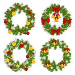 A set of Christmas Fir Wreath with bells, bows, balls and snowflakes isolated on white background. Xmas wreath crowns garland, symbol of the New Year and Christmas icons. Vector illusatration