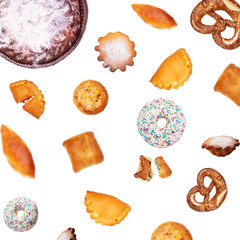 Various kinds of bread, pastries and sweets on a white background