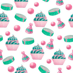  watercolor pattern of cupcakes, rolls and sweets