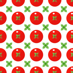 Tomatoes seamless pattern in flat style on a white background. Vector illustration. Vegetable top view ornament for wallpapers, printing, surface textures, textiles.