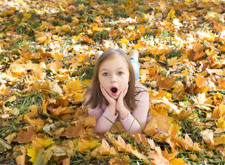 Autumn portrait of surprised beautiful little girl