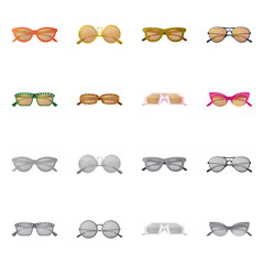 Vector illustration of glasses and sunglasses icon. Set of glasses and accessory stock vector illustration.