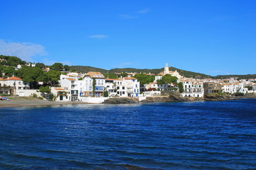 Bright white buildings and blue details, Mediterranean village of Cadaques, the Pearl of the Costa Brava, Spain