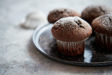 Fresh and tasty chocolate muffins served on plate. Covered with powder sugar. Placed on stone background.
