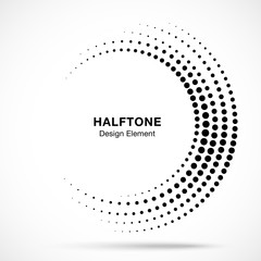 Halftone incomplete circle frame dots logo isolated on white background. Circular part design element for treatment, technology. Half round border Icon using halftone circle dots texture. Vector © Bank Design Elements