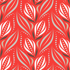 Seamless vector ornamental pattern with abstract floral and geometric elements in monochrome colors on red background