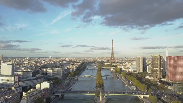 Aerial shot of Paris Eiffel Tower and Seine River