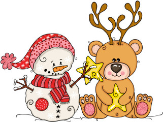 Cute snowman and teddy bear with deer horns

