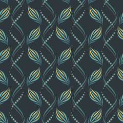 Seamless vector wavy pattern with abstract floral and geometric elements in blue colors on black background